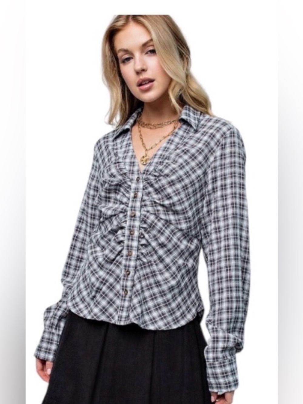 NWT Plaid Ruched Button-Up Top Size Small | Y2K Grunge Cottagecore